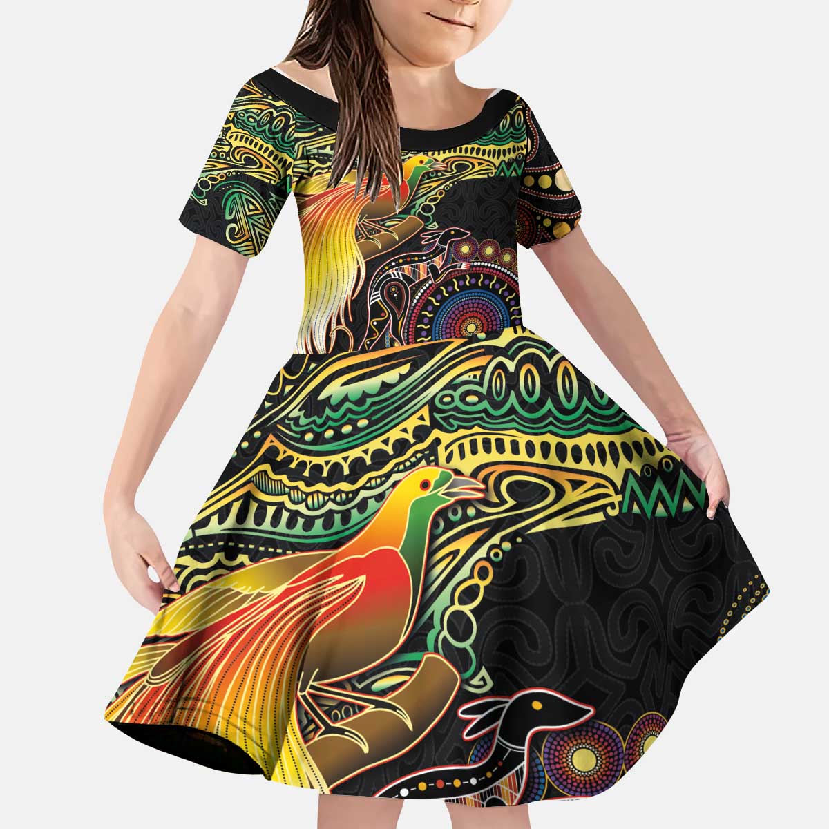 Papua New Guinea and Australia Together Kid Short Sleeve Dress Bird of Paradise and Kangaroo Melanesian Aboriginal Motifs LT03 KID Black - Polynesian Pride