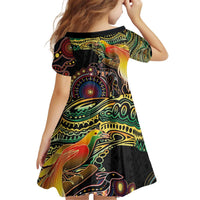 Papua New Guinea and Australia Together Kid Short Sleeve Dress Bird of Paradise and Kangaroo Melanesian Aboriginal Motifs LT03 - Polynesian Pride