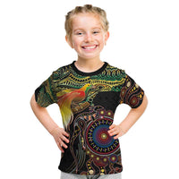 Papua New Guinea and Australia Together Kid T Shirt Bird of Paradise and Kangaroo Melanesian Aboriginal Motifs LT03 Black - Polynesian Pride
