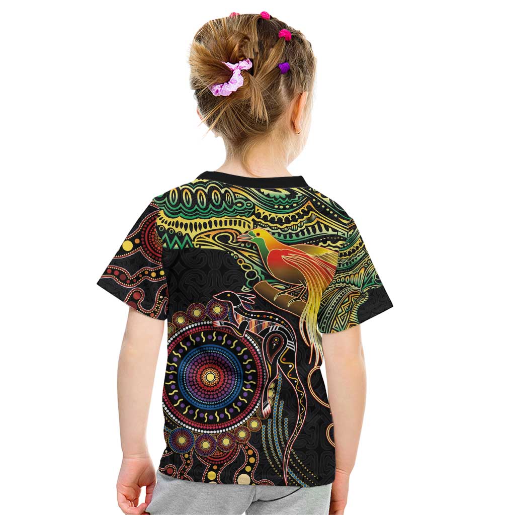 Papua New Guinea and Australia Together Kid T Shirt Bird of Paradise and Kangaroo Melanesian Aboriginal Motifs LT03 - Polynesian Pride