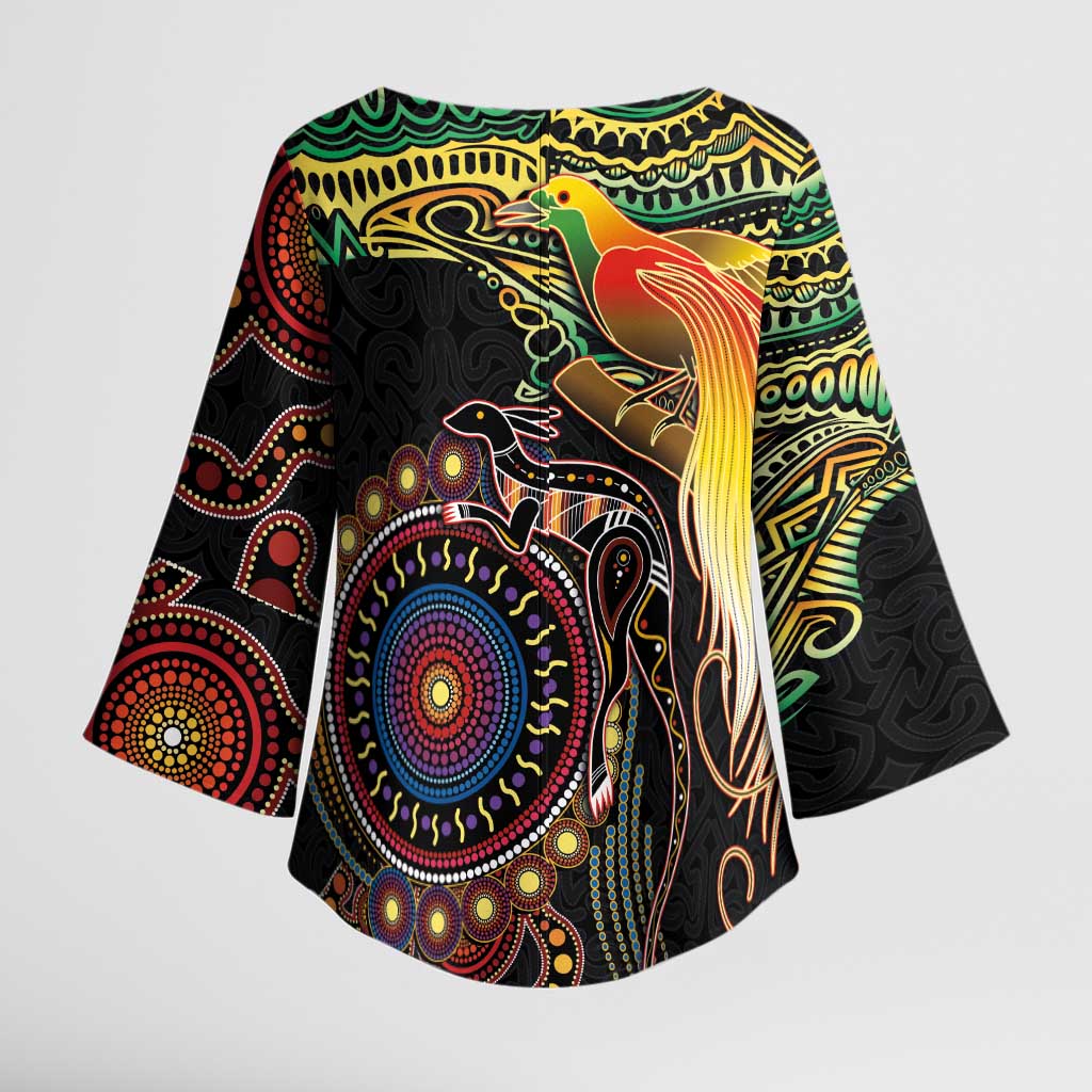 Papua New Guinea and Australia Together Kimono Sleeve Blouse Bird of Paradise and Kangaroo Melanesian Aboriginal Motifs LT03 - Polynesian Pride