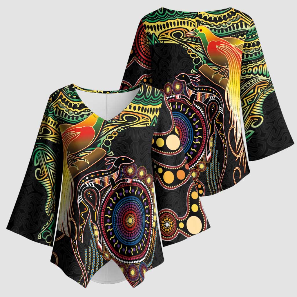 Papua New Guinea and Australia Together Kimono Sleeve Blouse Bird of Paradise and Kangaroo Melanesian Aboriginal Motifs LT03 - Polynesian Pride