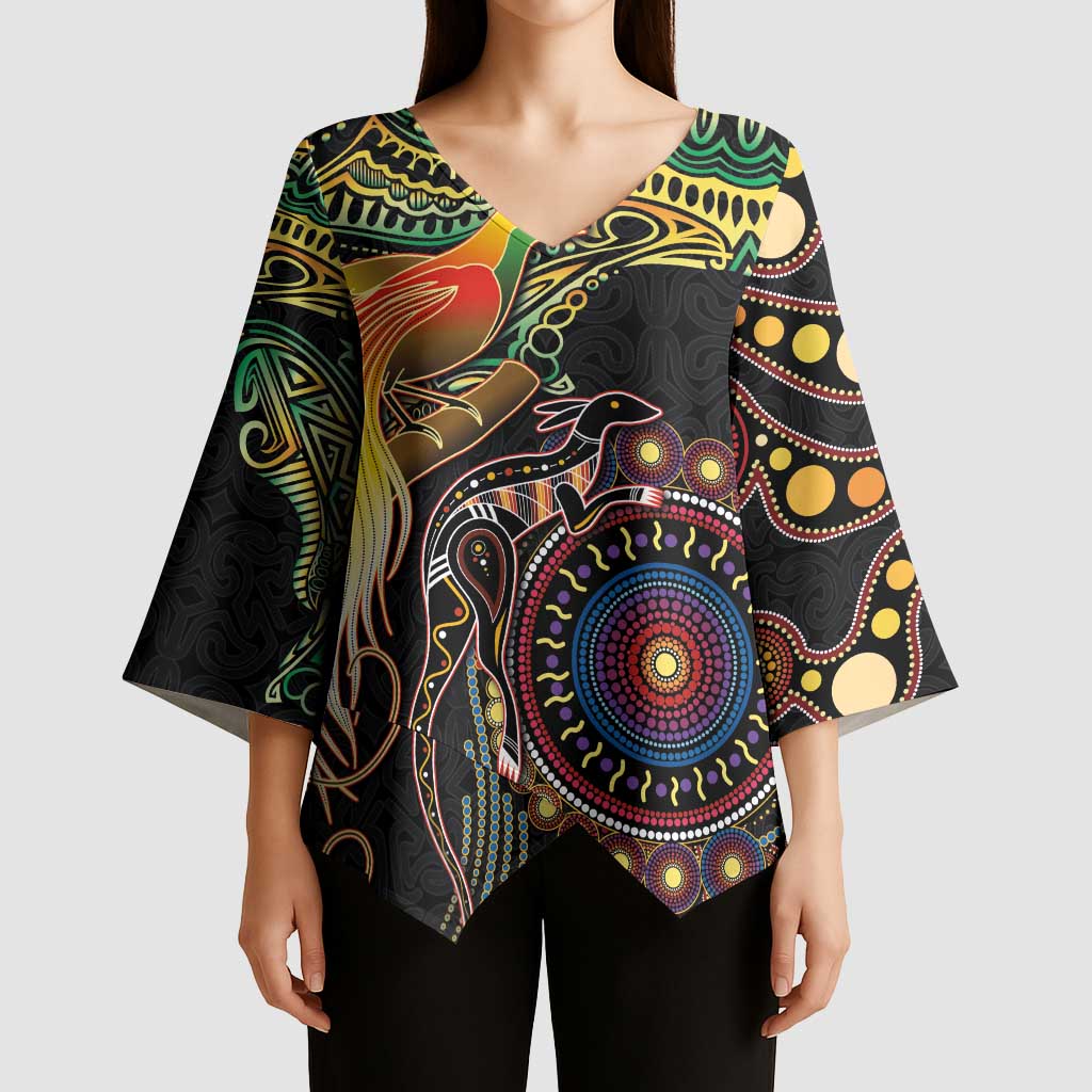 Papua New Guinea and Australia Together Kimono Sleeve Blouse Bird of Paradise and Kangaroo Melanesian Aboriginal Motifs LT03 - Polynesian Pride