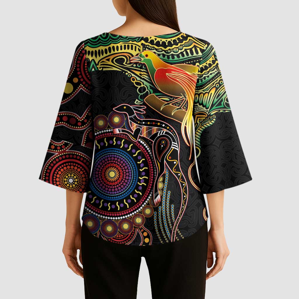 Papua New Guinea and Australia Together Kimono Sleeve Blouse Bird of Paradise and Kangaroo Melanesian Aboriginal Motifs LT03 - Polynesian Pride