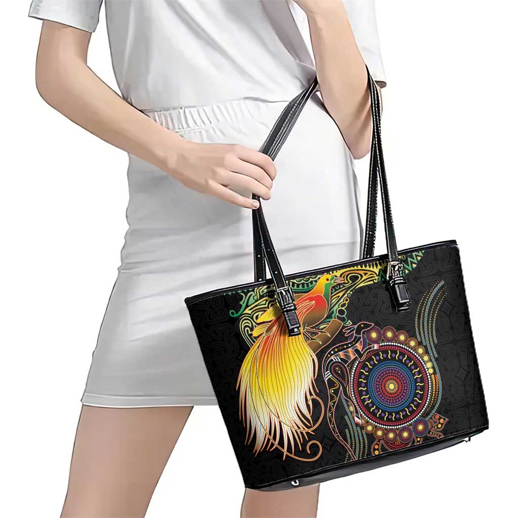 Papua New Guinea and Australia Together Leather Tote Bag Bird of Paradise and Kangaroo Melanesian Aboriginal Motifs LT03 - Polynesian Pride