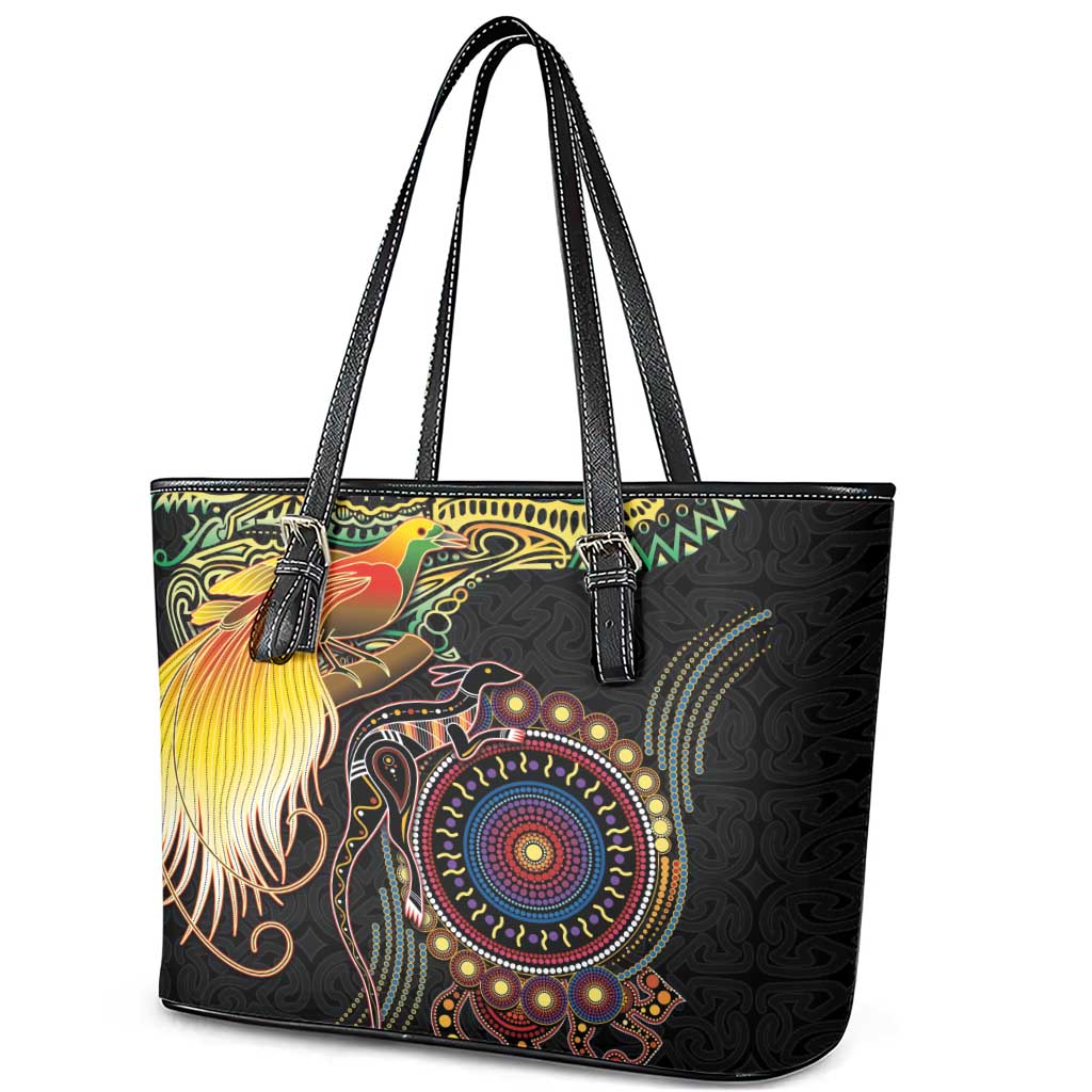 Papua New Guinea and Australia Together Leather Tote Bag Bird of Paradise and Kangaroo Melanesian Aboriginal Motifs LT03 - Polynesian Pride