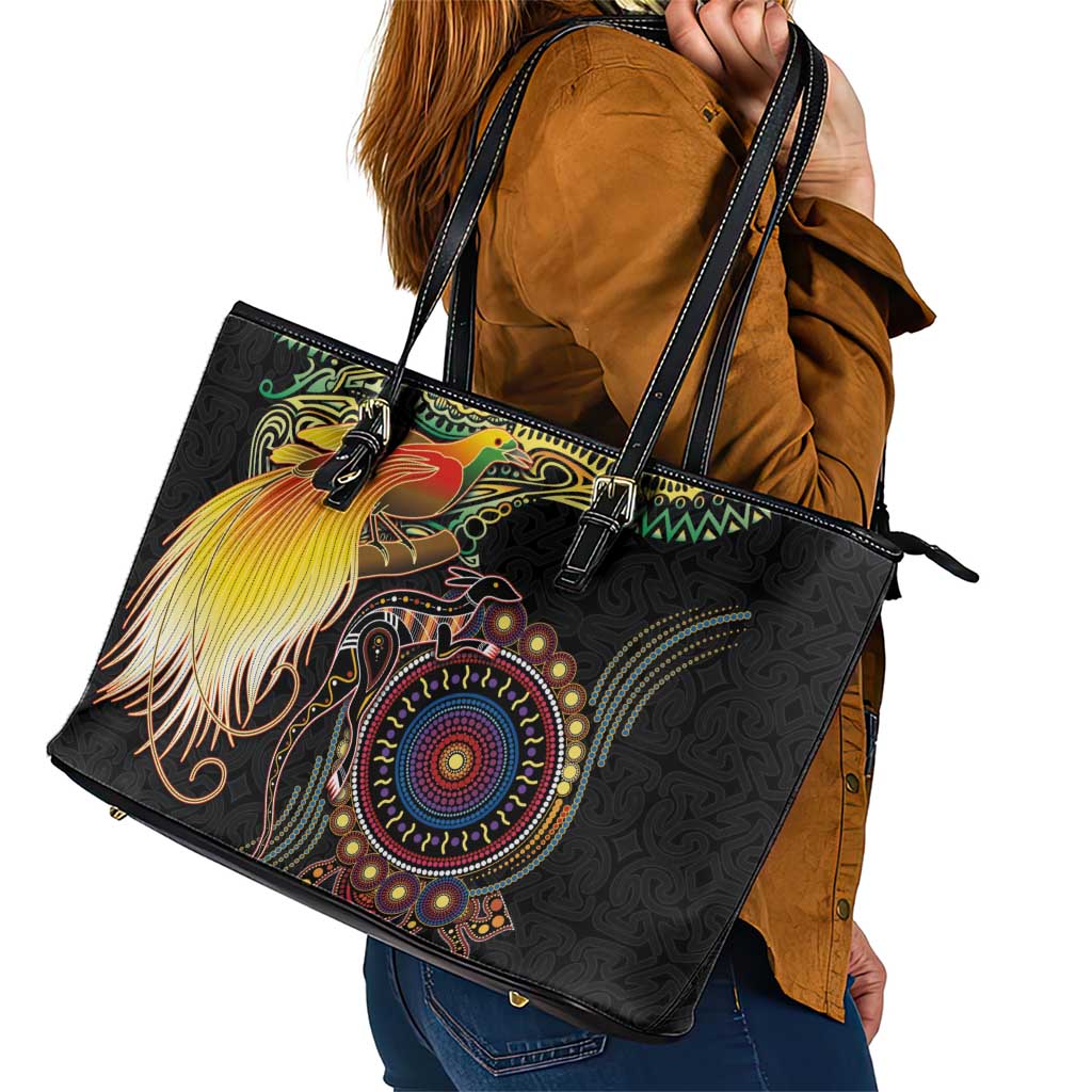 Papua New Guinea and Australia Together Leather Tote Bag Bird of Paradise and Kangaroo Melanesian Aboriginal Motifs LT03 - Polynesian Pride