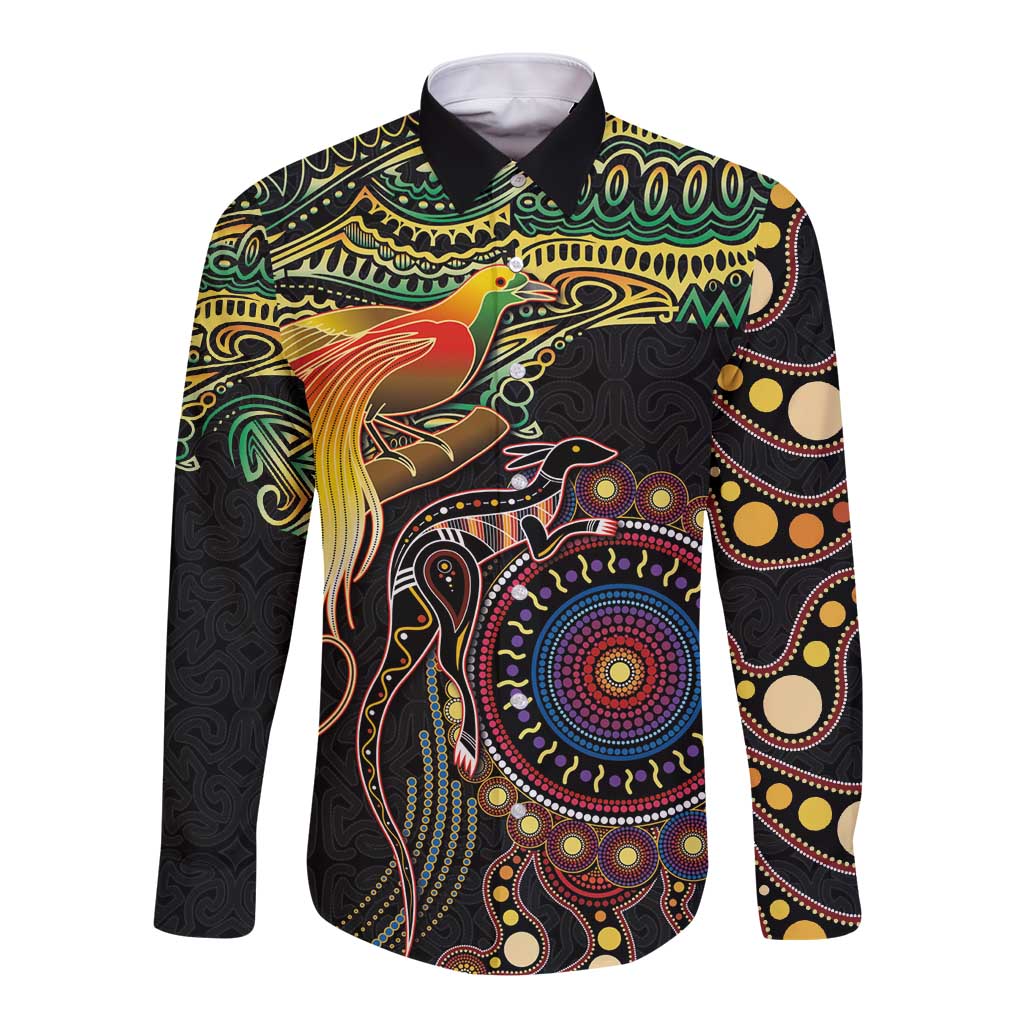 Papua New Guinea and Australia Together Long Sleeve Button Shirt Bird of Paradise and Kangaroo Melanesian Aboriginal Motifs LT03 Unisex Black - Polynesian Pride