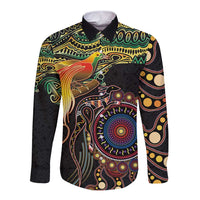 Papua New Guinea and Australia Together Long Sleeve Button Shirt Bird of Paradise and Kangaroo Melanesian Aboriginal Motifs LT03 Unisex Black - Polynesian Pride