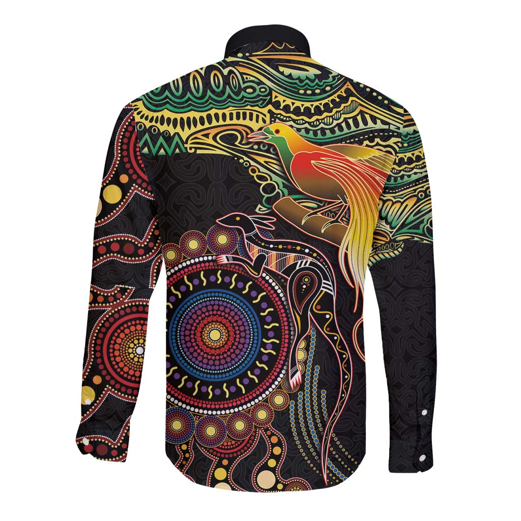 Papua New Guinea and Australia Together Long Sleeve Button Shirt Bird of Paradise and Kangaroo Melanesian Aboriginal Motifs LT03 - Polynesian Pride