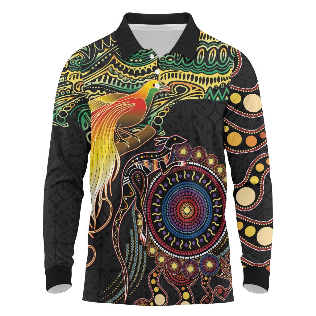 Papua New Guinea and Australia Together Long Sleeve Polo Shirt Bird of Paradise and Kangaroo Melanesian Aboriginal Motifs LT03 Black - Polynesian Pride