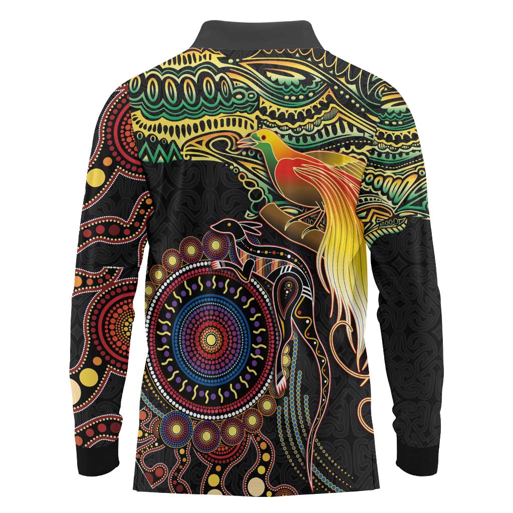 Papua New Guinea and Australia Together Long Sleeve Polo Shirt Bird of Paradise and Kangaroo Melanesian Aboriginal Motifs LT03 - Polynesian Pride