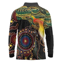 Papua New Guinea and Australia Together Long Sleeve Polo Shirt Bird of Paradise and Kangaroo Melanesian Aboriginal Motifs LT03 - Polynesian Pride