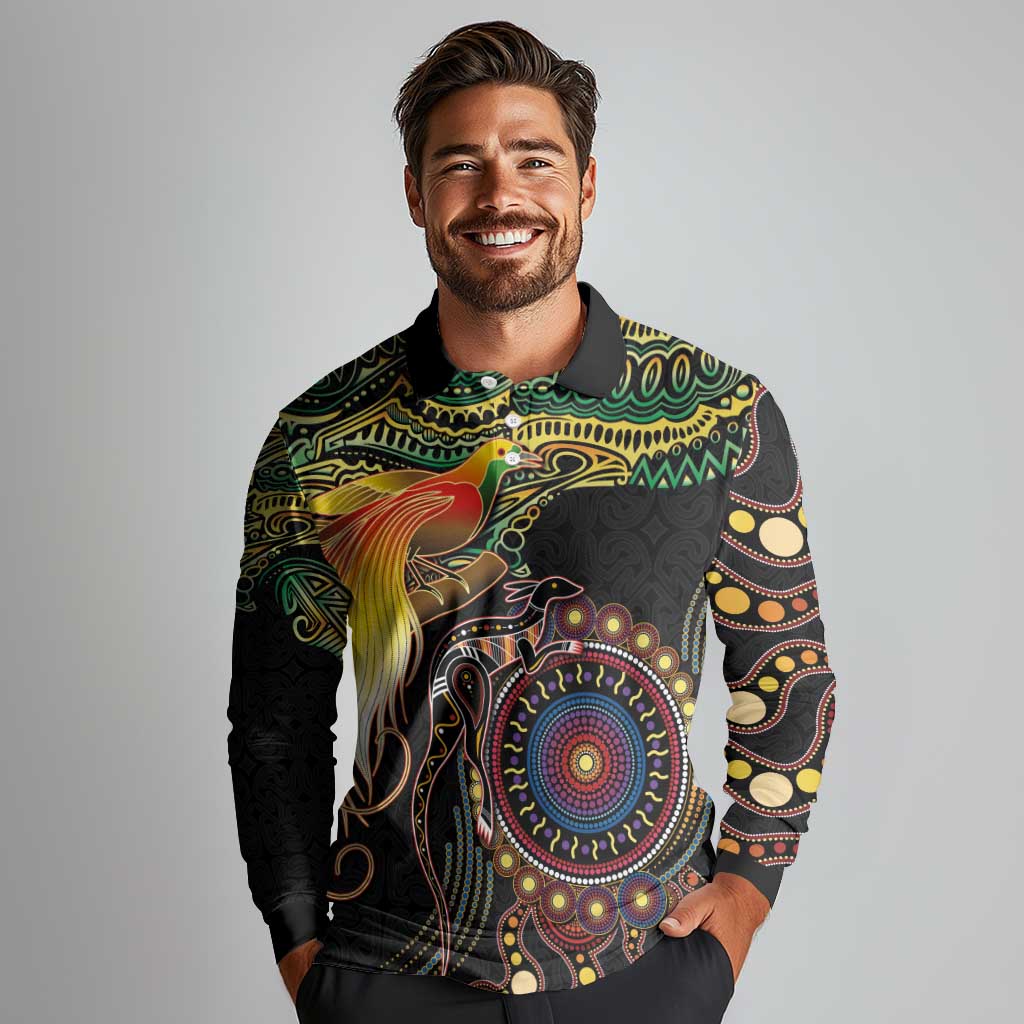 Papua New Guinea and Australia Together Long Sleeve Polo Shirt Bird of Paradise and Kangaroo Melanesian Aboriginal Motifs LT03 - Polynesian Pride