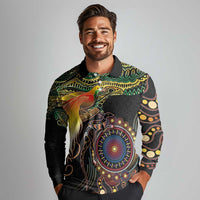 Papua New Guinea and Australia Together Long Sleeve Polo Shirt Bird of Paradise and Kangaroo Melanesian Aboriginal Motifs LT03 - Polynesian Pride