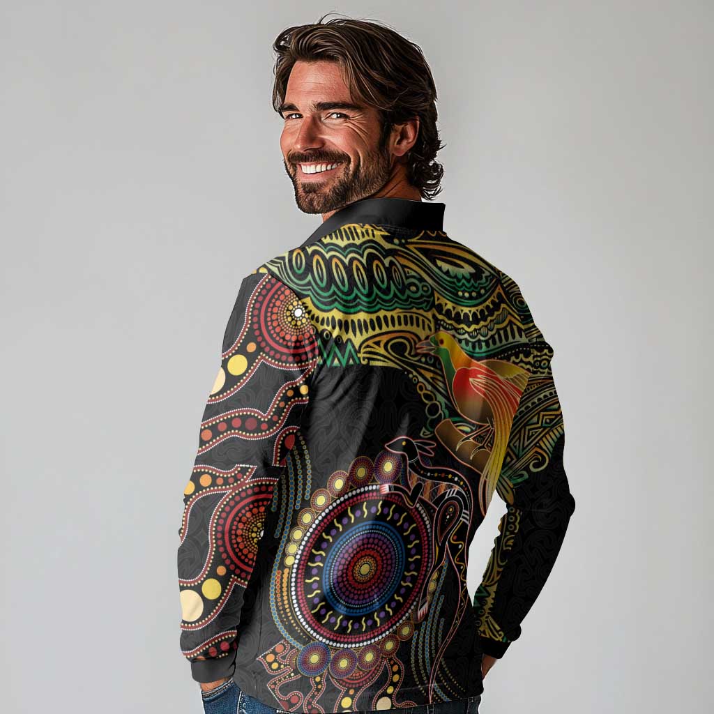 Papua New Guinea and Australia Together Long Sleeve Polo Shirt Bird of Paradise and Kangaroo Melanesian Aboriginal Motifs LT03 - Polynesian Pride