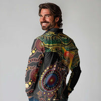 Papua New Guinea and Australia Together Long Sleeve Polo Shirt Bird of Paradise and Kangaroo Melanesian Aboriginal Motifs LT03 - Polynesian Pride