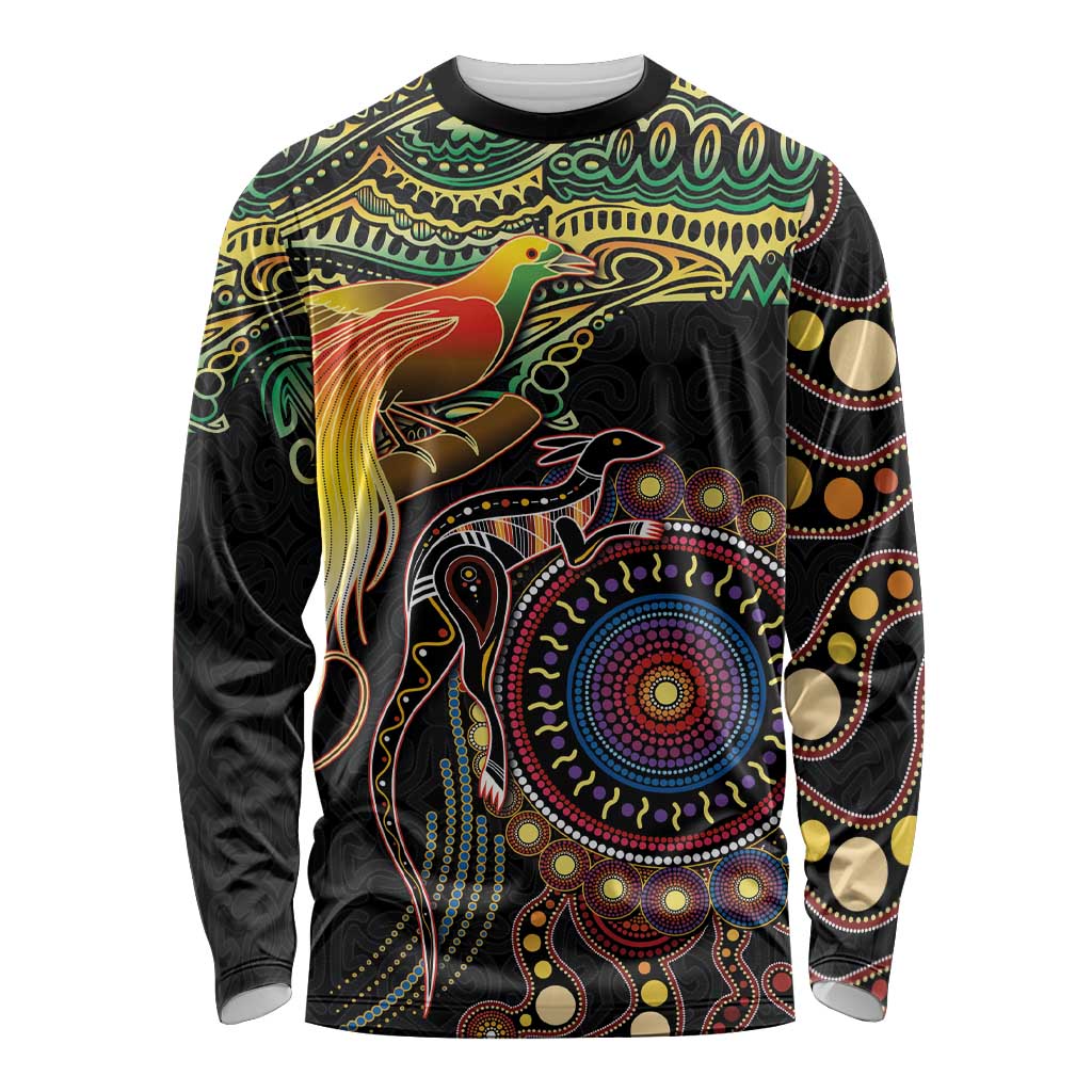 Papua New Guinea and Australia Together Long Sleeve Shirt Bird of Paradise and Kangaroo Melanesian Aboriginal Motifs LT03 Unisex Black - Polynesian Pride