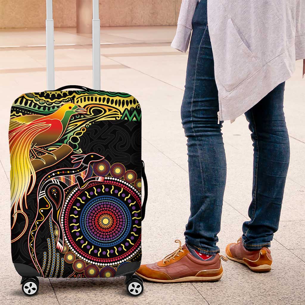 Papua New Guinea and Australia Together Luggage Cover Bird of Paradise and Kangaroo Melanesian Aboriginal Motifs LT03 Black - Polynesian Pride