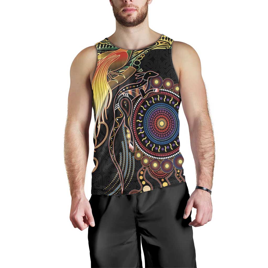 Papua New Guinea and Australia Together Men Tank Top Bird of Paradise and Kangaroo Melanesian Aboriginal Motifs LT03 - Polynesian Pride