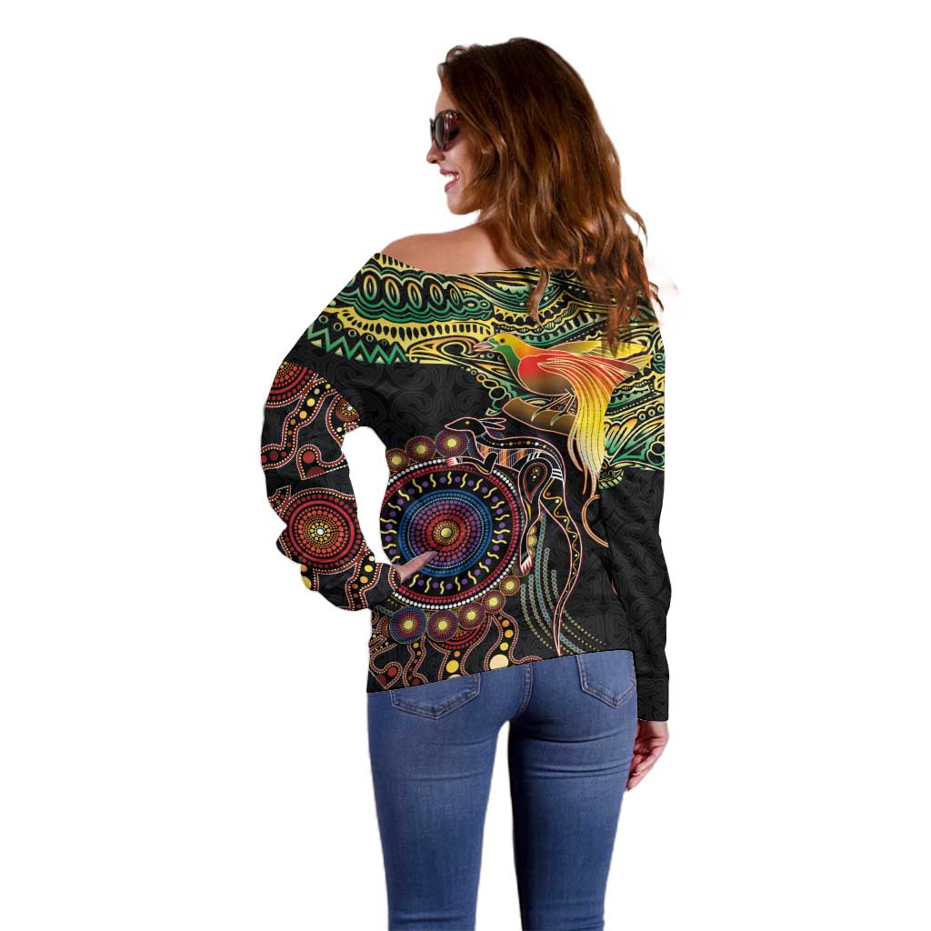 Papua New Guinea and Australia Together Off Shoulder Sweater Bird of Paradise and Kangaroo Melanesian Aboriginal Motifs LT03 - Polynesian Pride