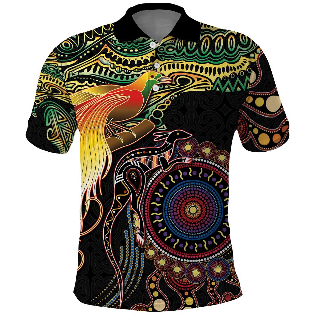Papua New Guinea and Australia Together Polo Shirt Bird of Paradise and Kangaroo Melanesian Aboriginal Motifs LT03 Black - Polynesian Pride
