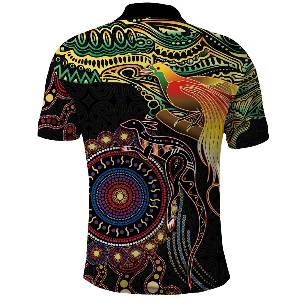 Papua New Guinea and Australia Together Polo Shirt Bird of Paradise and Kangaroo Melanesian Aboriginal Motifs LT03 - Polynesian Pride