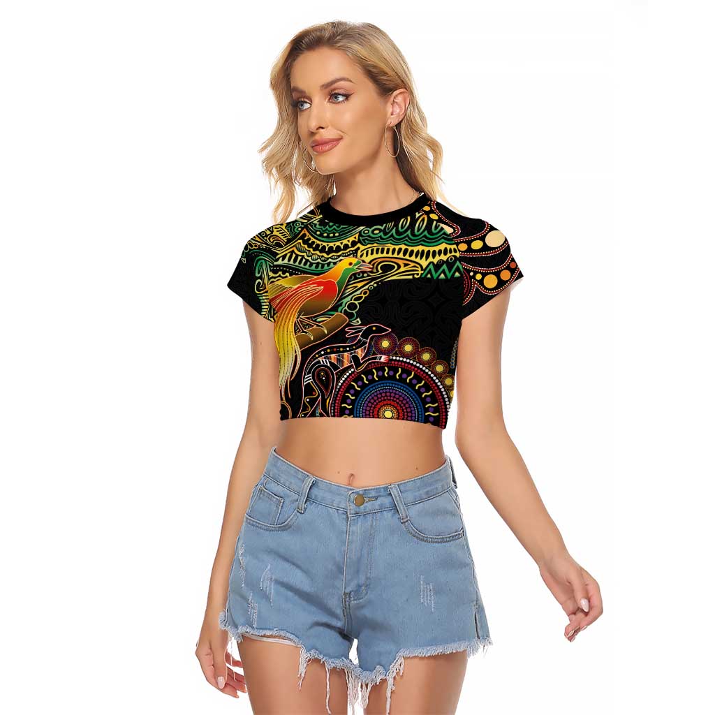 Papua New Guinea and Australia Together Raglan Cropped T Shirt Bird of Paradise and Kangaroo Melanesian Aboriginal Motifs - Polynesian Pride