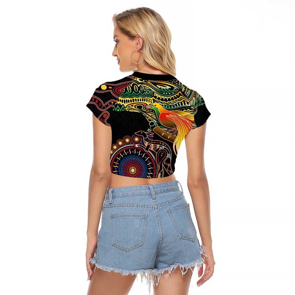 Papua New Guinea and Australia Together Raglan Cropped T Shirt Bird of Paradise and Kangaroo Melanesian Aboriginal Motifs LT03 - Polynesian Pride