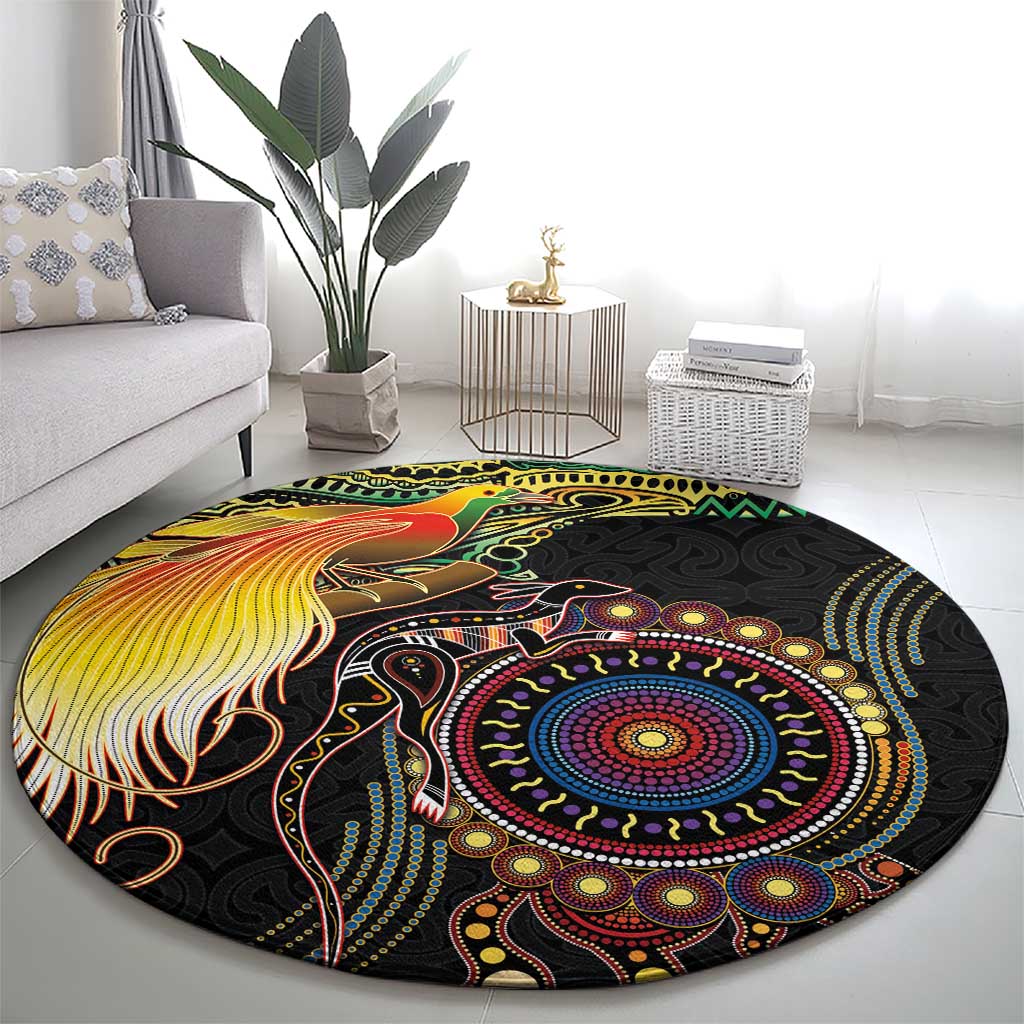 Papua New Guinea and Australia Together Round Carpet Bird of Paradise and Kangaroo Melanesian Aboriginal Motifs LT03 - Polynesian Pride