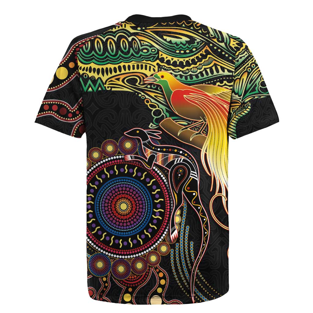 Papua New Guinea and Australia Together Rugby Jersey Bird of Paradise and Kangaroo Melanesian Aboriginal Motifs LT03 - Polynesian Pride