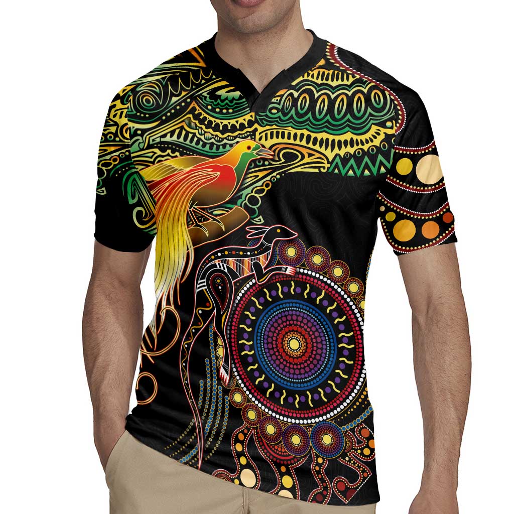 Papua New Guinea and Australia Together Rugby Jersey Bird of Paradise and Kangaroo Melanesian Aboriginal Motifs LT03 - Polynesian Pride
