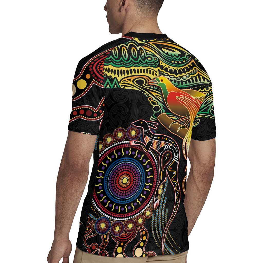 Papua New Guinea and Australia Together Rugby Jersey Bird of Paradise and Kangaroo Melanesian Aboriginal Motifs LT03 - Polynesian Pride