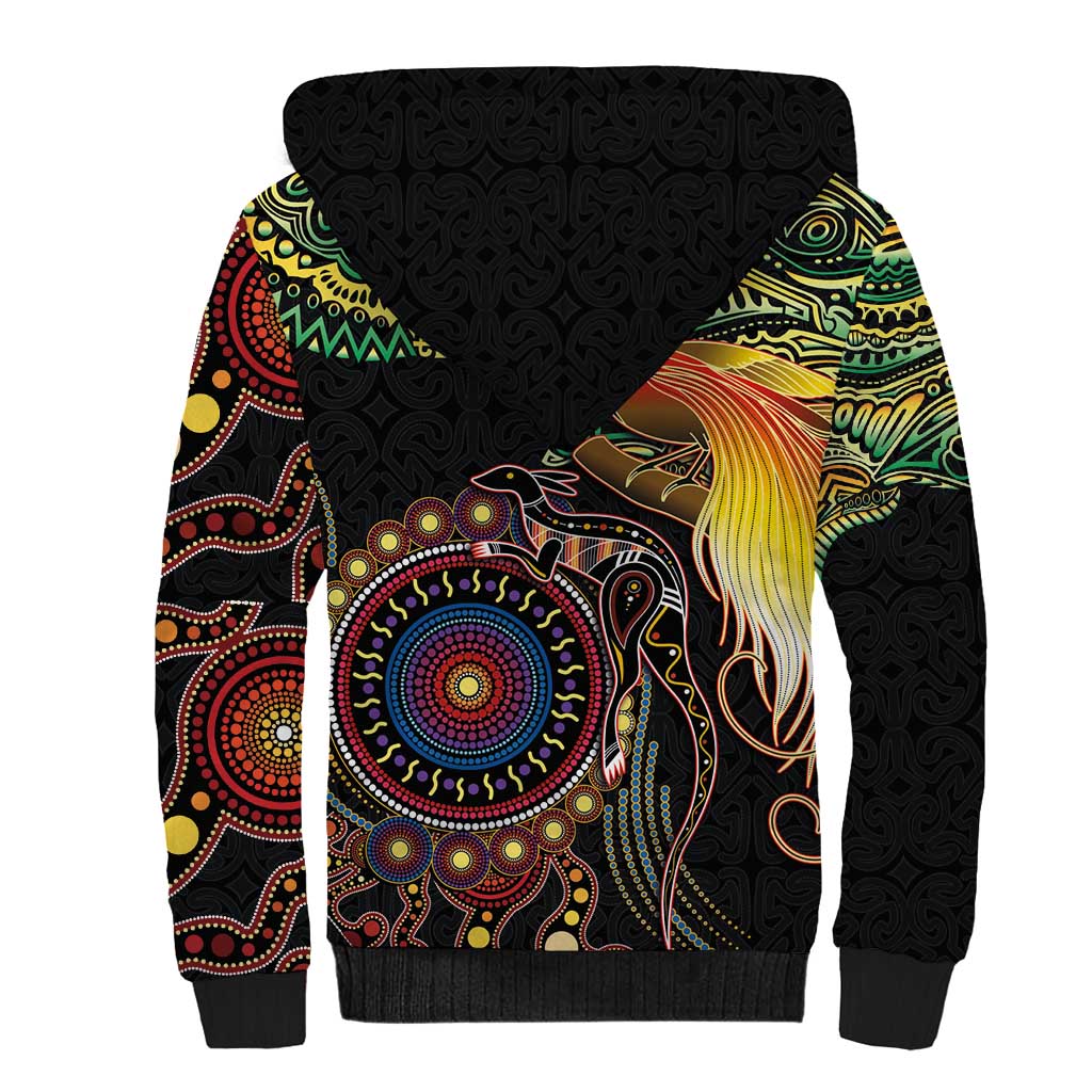 Papua New Guinea and Australia Together Sherpa Hoodie Bird of Paradise and Kangaroo Melanesian Aboriginal Motifs LT03 - Polynesian Pride