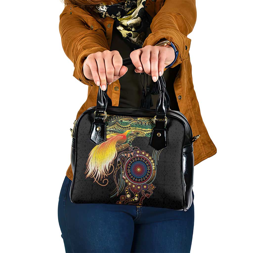 Papua New Guinea and Australia Together Shoulder Handbag Bird of Paradise and Kangaroo Melanesian Aboriginal Motifs LT03 One Size Black - Polynesian Pride