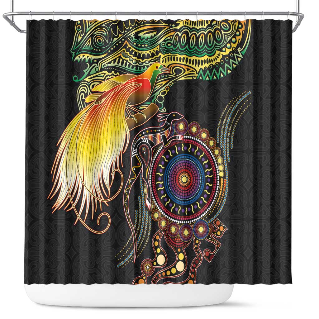 Papua New Guinea and Australia Together Shower Curtain Bird of Paradise and Kangaroo Melanesian Aboriginal Motifs LT03 Black - Polynesian Pride