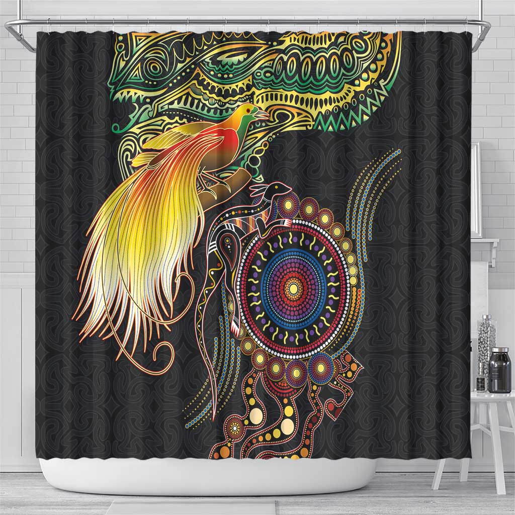 Papua New Guinea and Australia Together Shower Curtain Bird of Paradise and Kangaroo Melanesian Aboriginal Motifs LT03 - Polynesian Pride