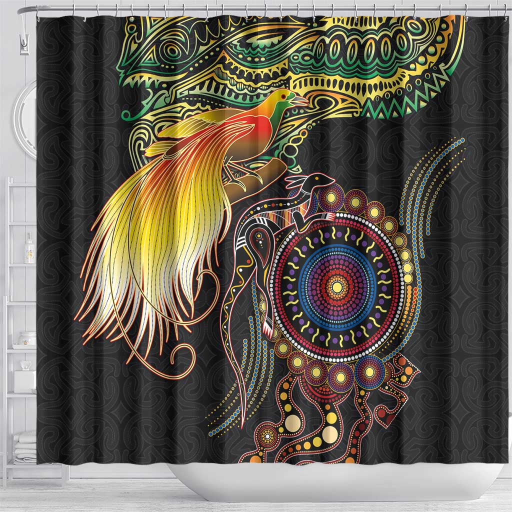 Papua New Guinea and Australia Together Shower Curtain Bird of Paradise and Kangaroo Melanesian Aboriginal Motifs LT03 - Polynesian Pride