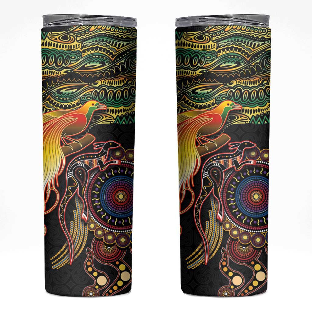 Papua New Guinea and Australia Together Skinny Tumbler Bird of Paradise and Kangaroo Melanesian Aboriginal Motifs LT03 Black - Polynesian Pride