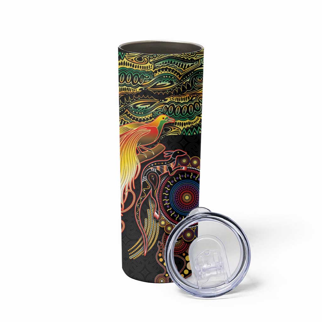 Papua New Guinea and Australia Together Skinny Tumbler Bird of Paradise and Kangaroo Melanesian Aboriginal Motifs LT03 - Polynesian Pride