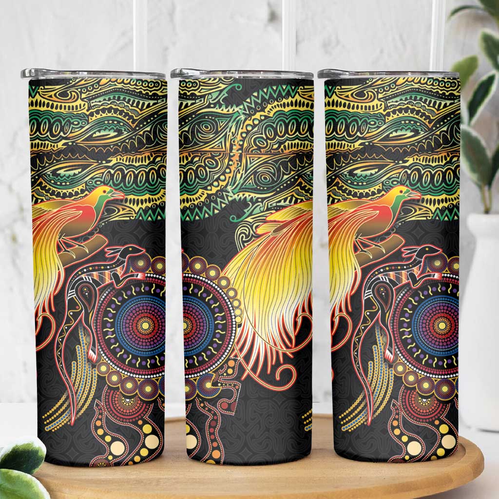 Papua New Guinea and Australia Together Skinny Tumbler Bird of Paradise and Kangaroo Melanesian Aboriginal Motifs LT03 - Polynesian Pride