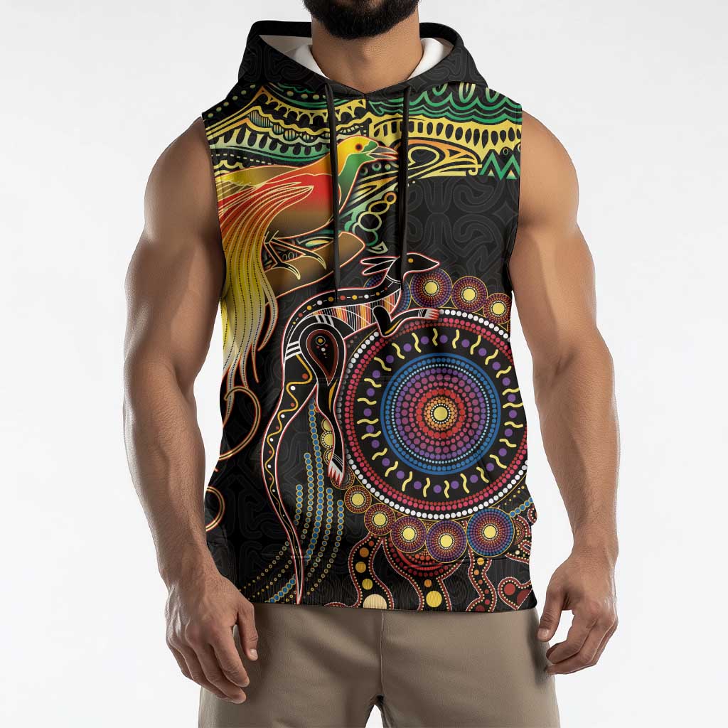 Papua New Guinea and Australia Together Sleeveless Hoodie Bird of Paradise and Kangaroo Melanesian Aboriginal Motifs LT03 - Polynesian Pride