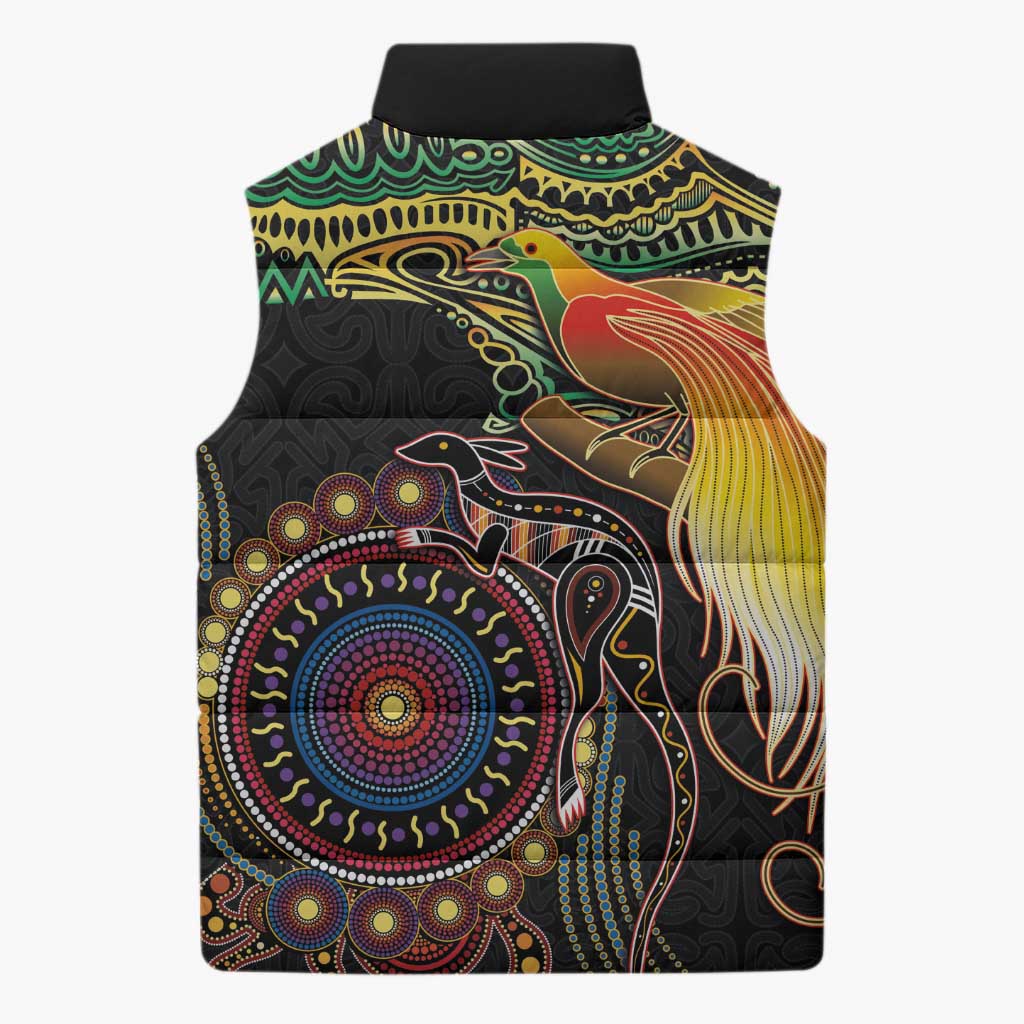 Papua New Guinea and Australia Together Sleeveless Puffer Jacket Bird of Paradise and Kangaroo Melanesian Aboriginal Motifs LT03 - Polynesian Pride