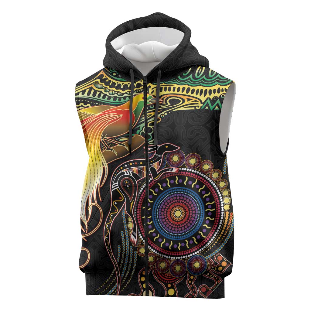 Papua New Guinea and Australia Together Sleeveless Zip Hoodie Bird of Paradise and Kangaroo Melanesian Aboriginal Motifs LT03 Black - Polynesian Pride