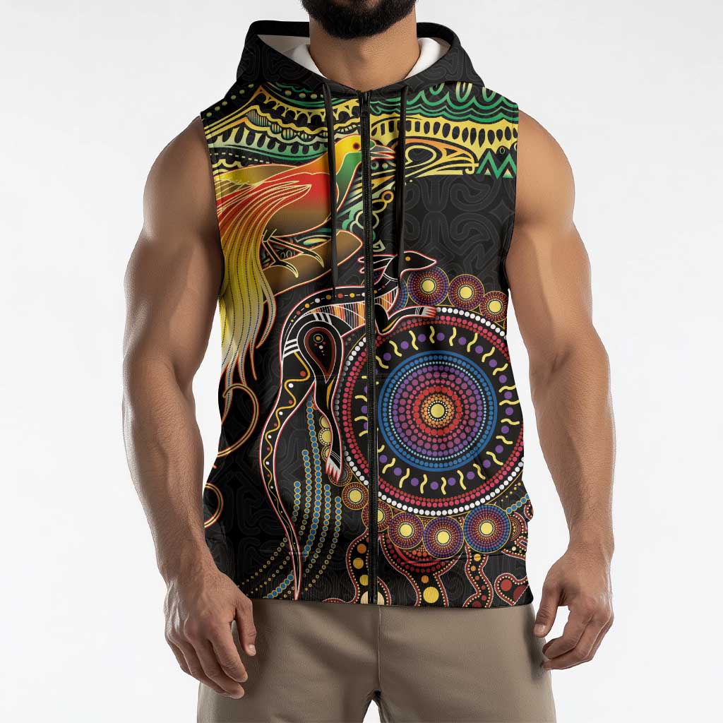 Papua New Guinea and Australia Together Sleeveless Zip Hoodie Bird of Paradise and Kangaroo Melanesian Aboriginal Motifs LT03 - Polynesian Pride