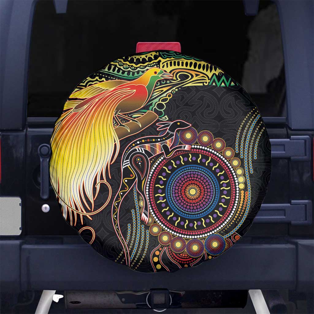 Papua New Guinea and Australia Together Spare Tire Cover Bird of Paradise and Kangaroo Melanesian Aboriginal Motifs LT03 No hole Black - Polynesian Pride
