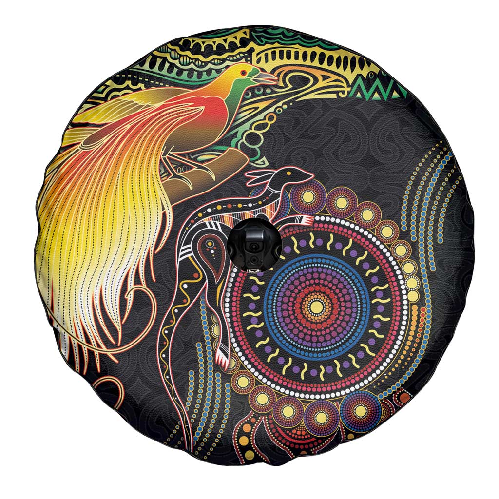 Papua New Guinea and Australia Together Spare Tire Cover Bird of Paradise and Kangaroo Melanesian Aboriginal Motifs LT03 - Polynesian Pride