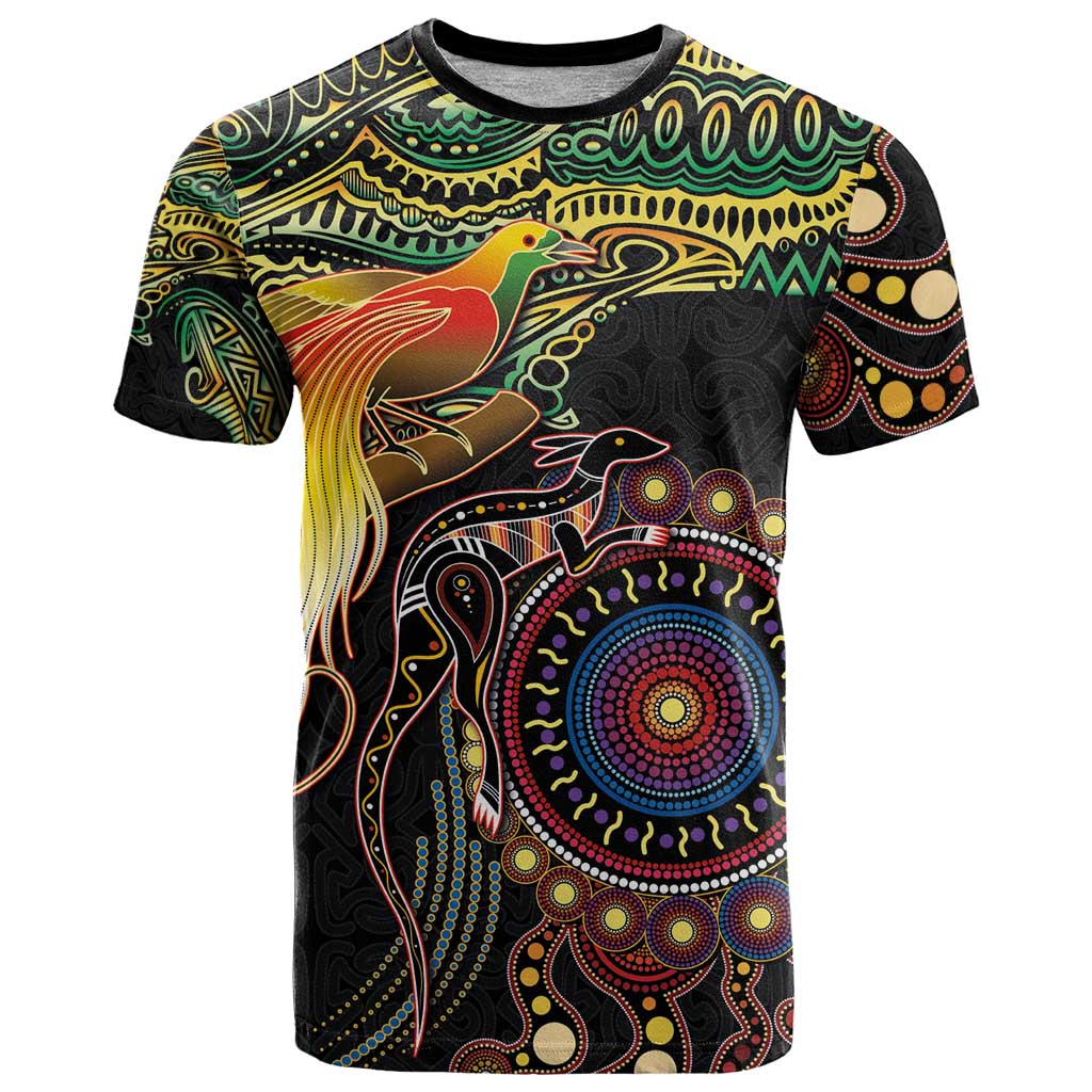 Papua New Guinea and Australia Together T Shirt Bird of Paradise and Kangaroo Melanesian Aboriginal Motifs LT03 Black - Polynesian Pride