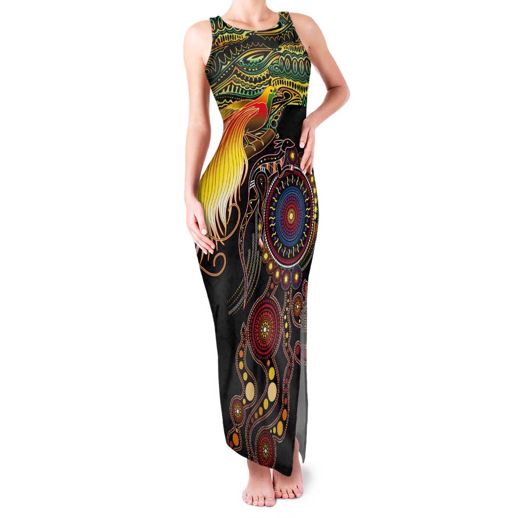 Papua New Guinea and Australia Together Tank Maxi Dress Bird of Paradise and Kangaroo Melanesian Aboriginal Motifs LT03 Women Black - Polynesian Pride