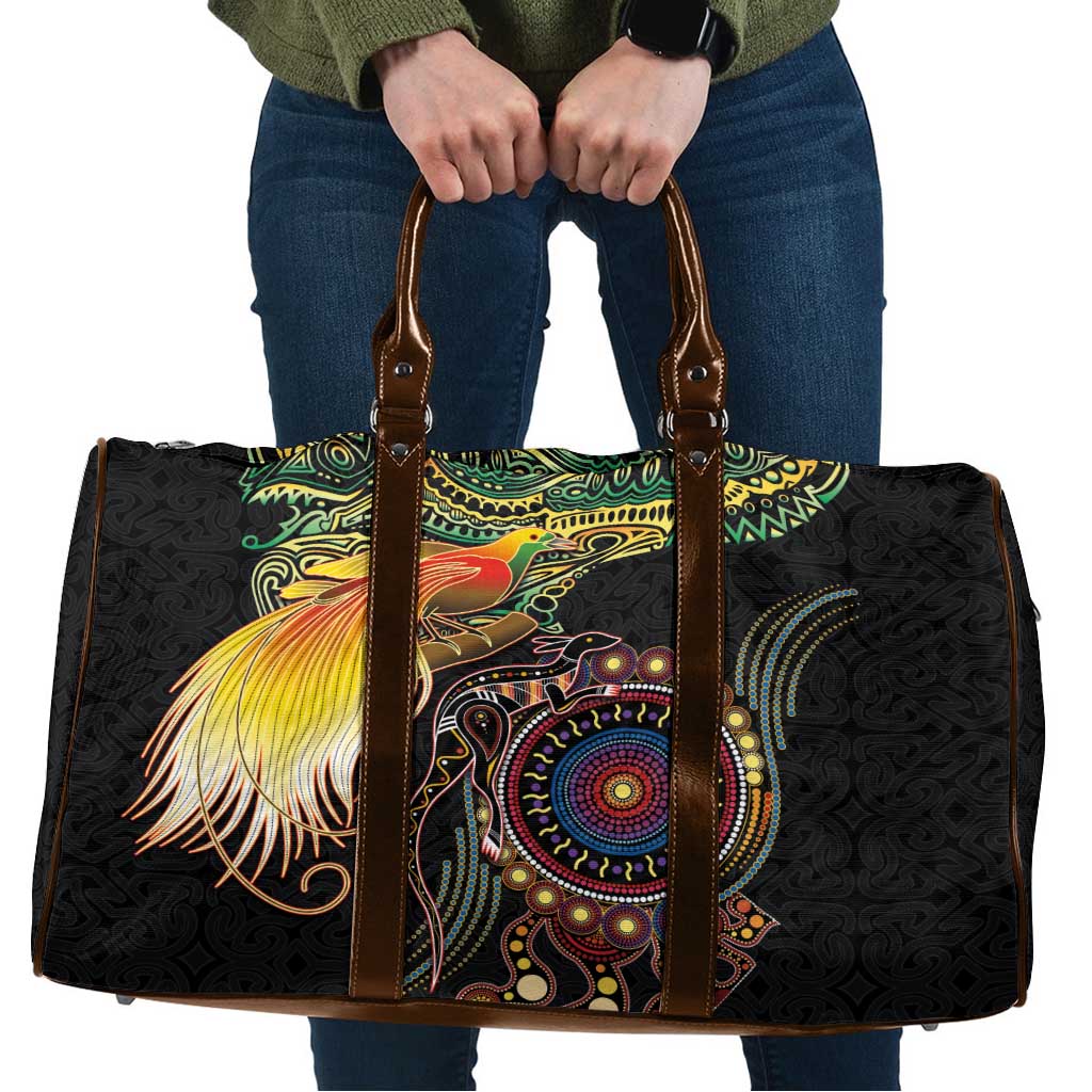Papua New Guinea and Australia Together Travel Bag Bird of Paradise and Kangaroo Melanesian Aboriginal Motifs LT03 Black - Polynesian Pride